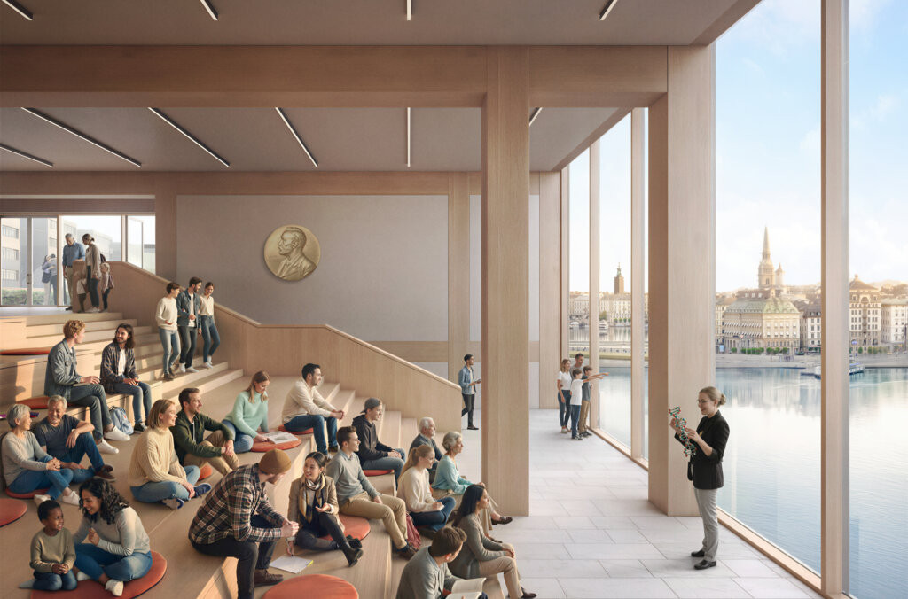 Visionsbild Nobel Center. Övre plan med inramade vyer mot skärgården och staden.