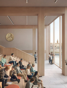 Visionsbild Nobel Center. Övre plan med inramade vyer mot skärgården och staden.