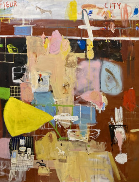 Målning av Roger Hansson i varma toner. En fragmentarisk landskap med Cowboys, bil, badrum, kvinnohuvud, färgfält.