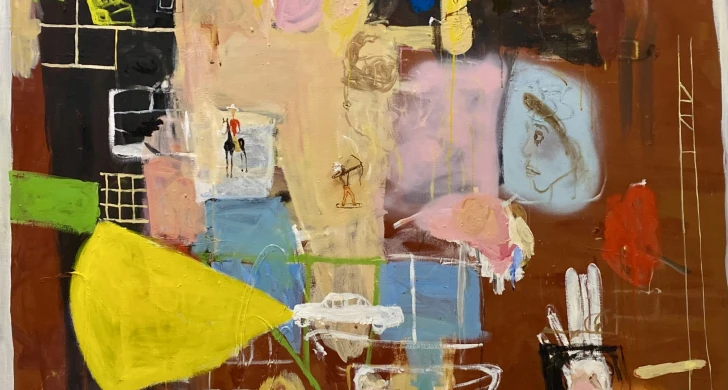 Målning av Roger Hansson i varma toner. En fragmentarisk landskap med Cowboys, bil, badrum, kvinnohuvud, färgfält.