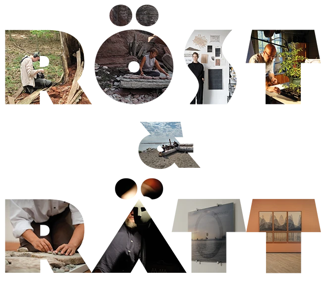 Röst och Rätt titel, i varje bokstav syns en bild med en konstnär eller ett konstverk kopplat till utställningen.