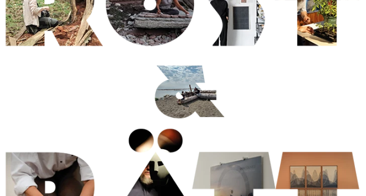 Röst och Rätt titel, i varje bokstav syns en bild med en konstnär eller ett konstverk kopplat till utställningen.