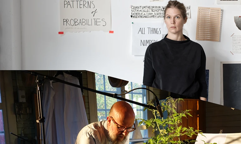 porträtt av Sara Wallgren framför några studier i sin ateljé och Jan Carleklev med tomatväxter i sin studio