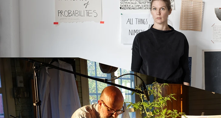 porträtt av Sara Wallgren framför några studier i sin ateljé och Jan Carleklev med tomatväxter i sin studio