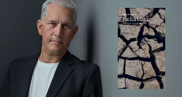 Mats Söderlund med boken Eskatos.