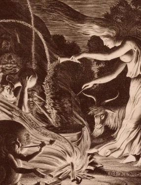 En etsning föreställande en ung, vacker häxa vid en kittel över eld, omringad av sagovarelser och monster. Till vänster ligger ett tjockt streck i hallonrosa.