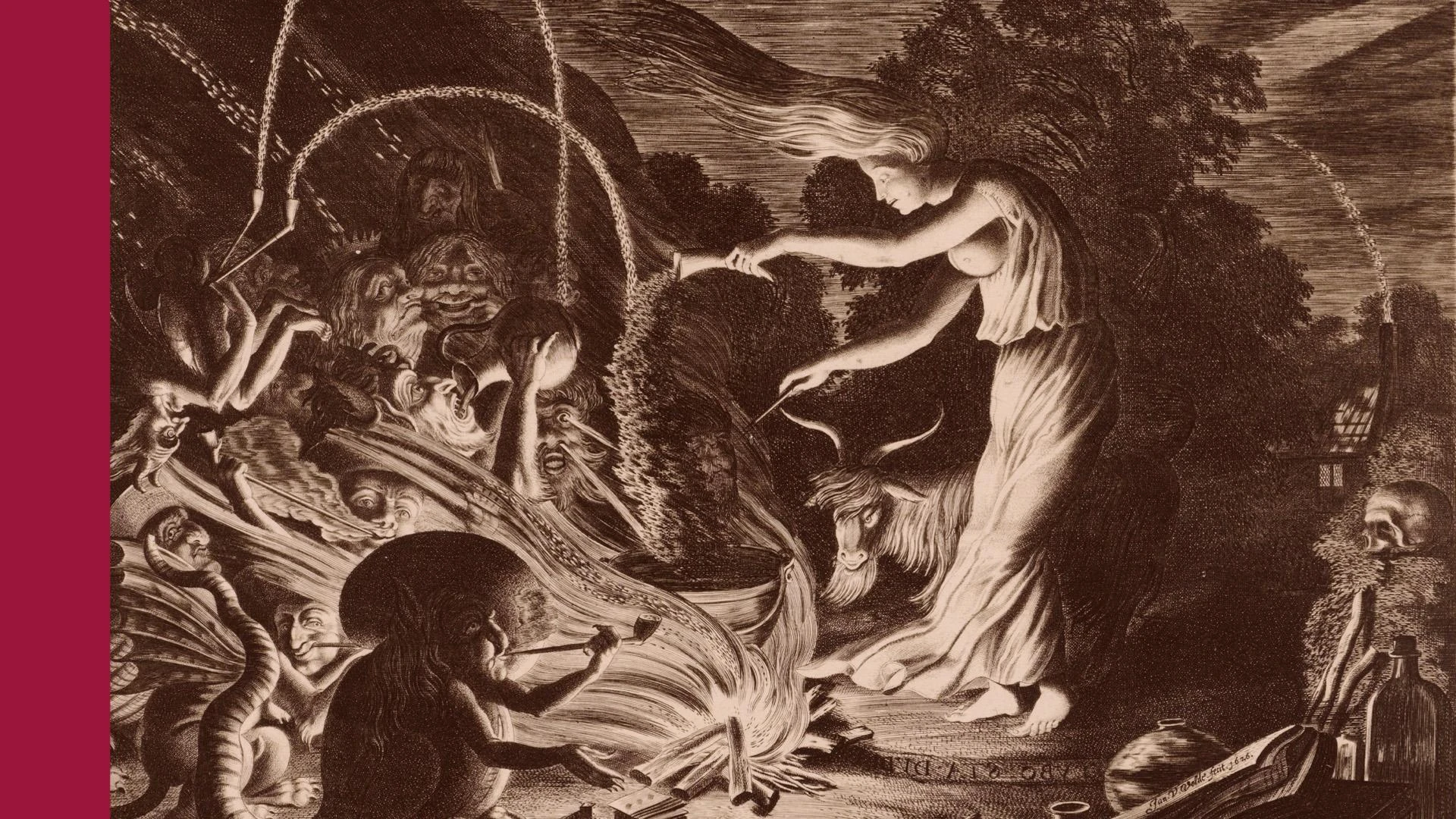 En etsning föreställande en ung, vacker häxa vid en kittel över eld, omringad av sagovarelser och monster. Till vänster ligger ett tjockt streck i hallonrosa.