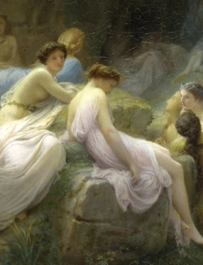 Oljemålning av sidenklädda nymfer som lyssnar till Orfeus sånger i skogen. Till vänster ligger ett tjockt streck i hallonrött.
