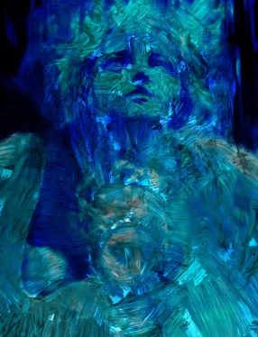 Detalj av oljemålningen Singing Angels, föreställande ett änglaansikte i blått och grönt mot svart bakgrund som blickar uppåt. Till vänster ligger ett tjockt streck i hallonrött.