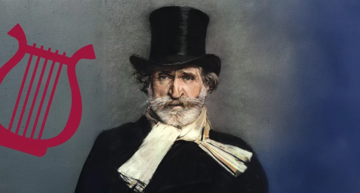 Pastellporträtt av Giuseppe Verdi av Giovanni Boldini, 1886. Till vänster ligger en harpa-symbol i hallonrött.