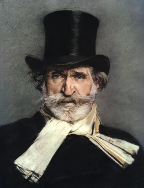 Pastellporträtt av Giuseppe Verdi av Giovanni Boldini, 1886. Till vänster ligger en harpa-symbol i hallonrött.