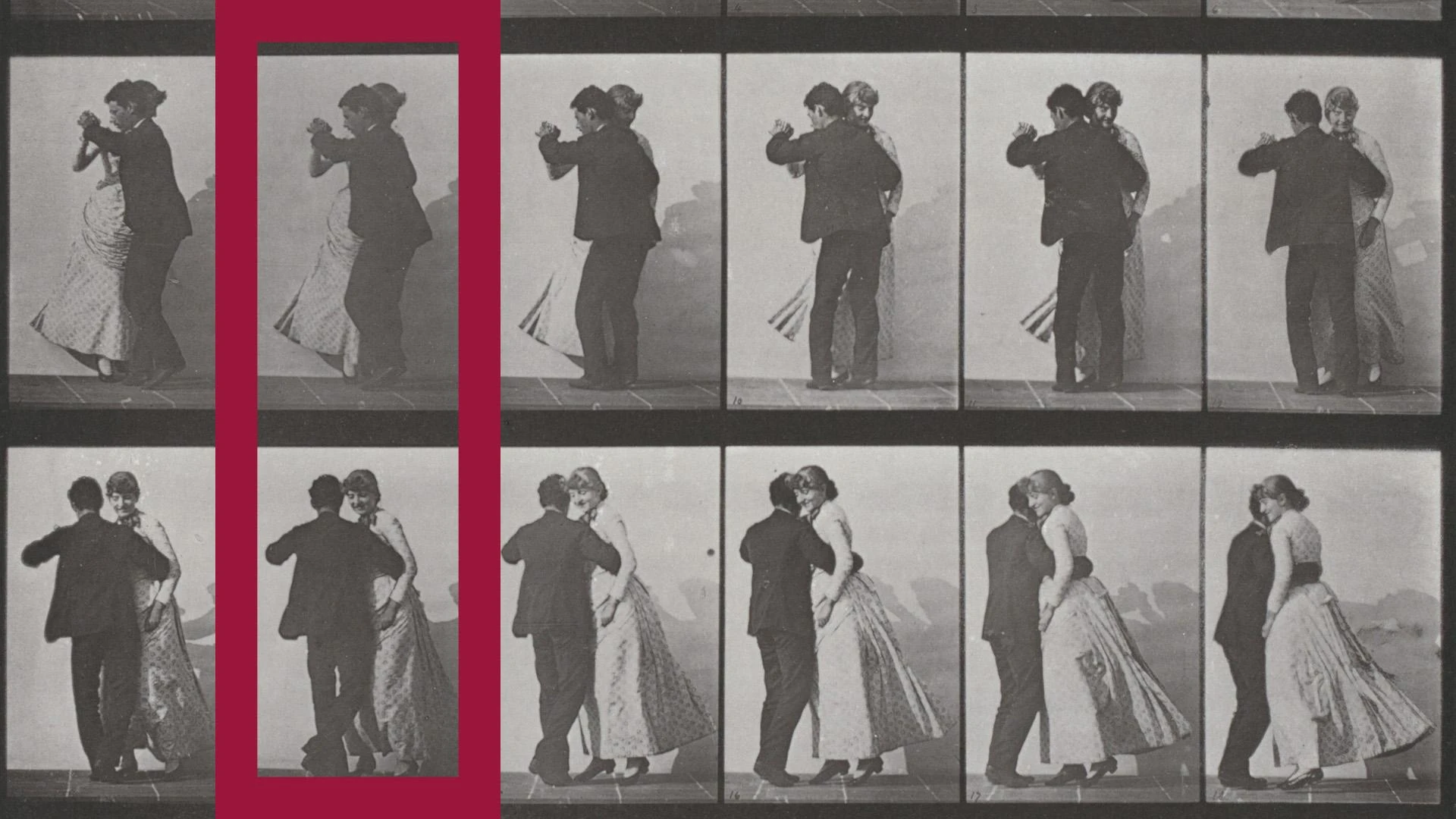 En kontaktkarta i svartvitt med en man och en kvinna som dansar vals tillsammans. Två av bilderna är inramade av en rektangel i hallonrött.