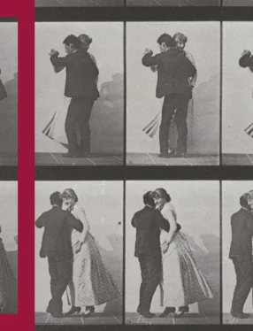 En kontaktkarta i svartvitt med en man och en kvinna som dansar vals tillsammans. Två av bilderna är inramade av en rektangel i hallonrött.