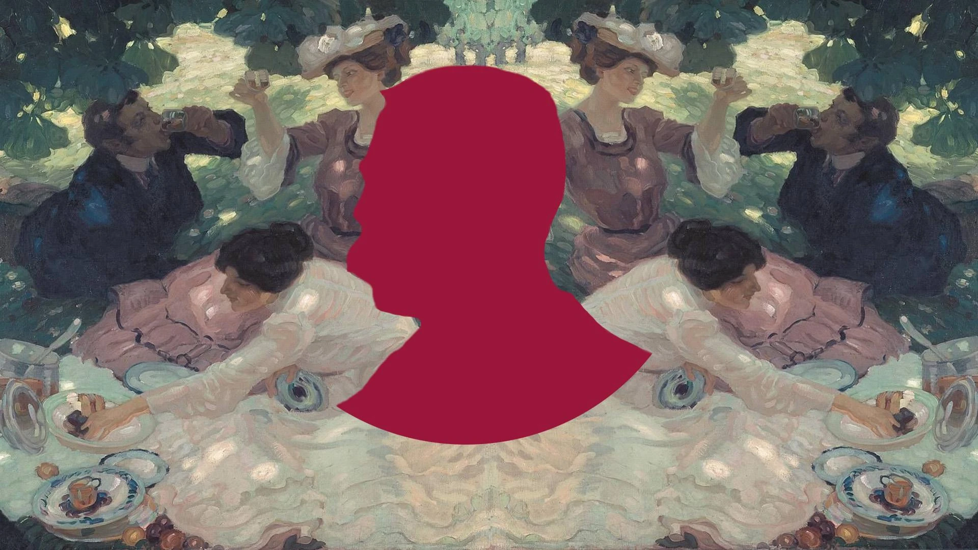 Siluett i hallonrött av Elgars mustasch-prydda profil, med målningen Picknick av Leo Putz i bakgrunden, föreställande tre vänner som äter och dricker i grönskan.