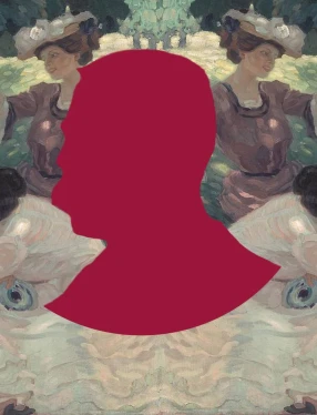 Siluett i hallonrött av Elgars mustasch-prydda profil, med målningen Picknick av Leo Putz i bakgrunden, föreställande tre vänner som äter och dricker i grönskan.