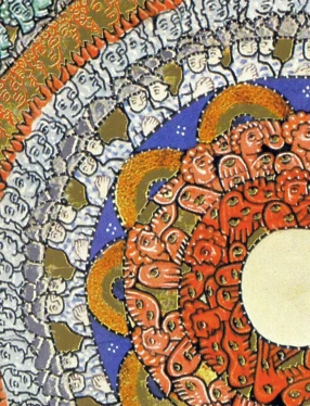 Detalj från Hildegard von Bingens målning "Änglarnas körer" i orange, olivgrönt, lavendelblått, beige och svart. På vänster sida finns ett tjockt streck i Berwaldhallens hallonröda färg.