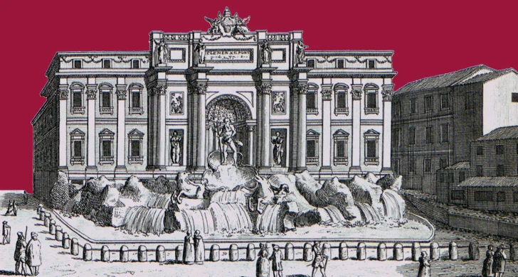 En illustration av Trevi-fontänen i svartvitt, med färgad himmel tillagd i Berwaldhallens hallonröda.