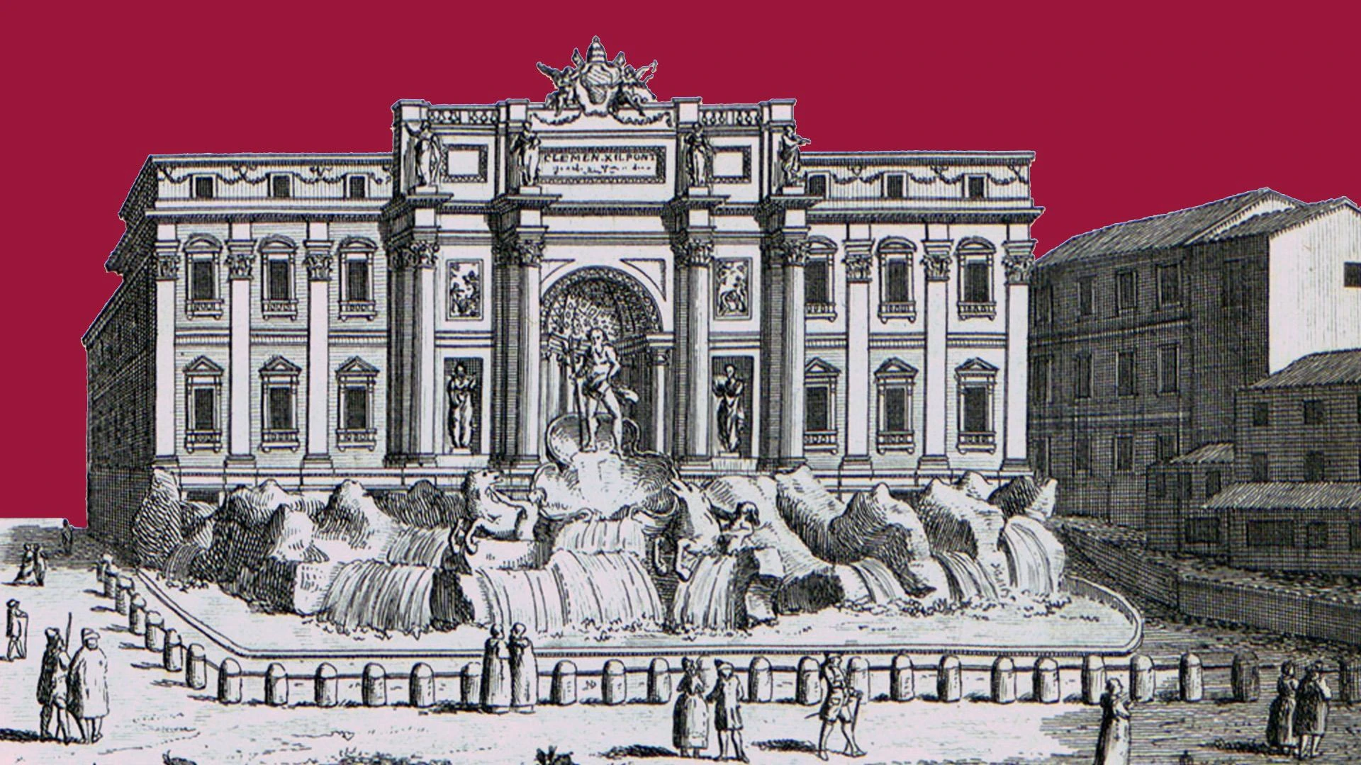 En illustration av Trevi-fontänen i svartvitt, med färgad himmel tillagd i Berwaldhallens hallonröda.