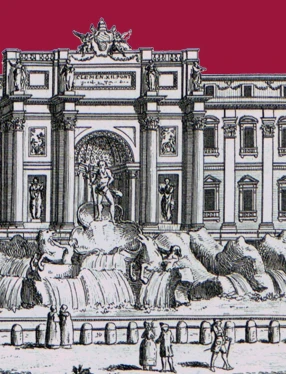 En illustration av Trevi-fontänen i svartvitt, med färgad himmel tillagd i Berwaldhallens hallonröda.