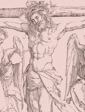 En skissad bild av Jesus på korset med en ängel på varje sida om honom.