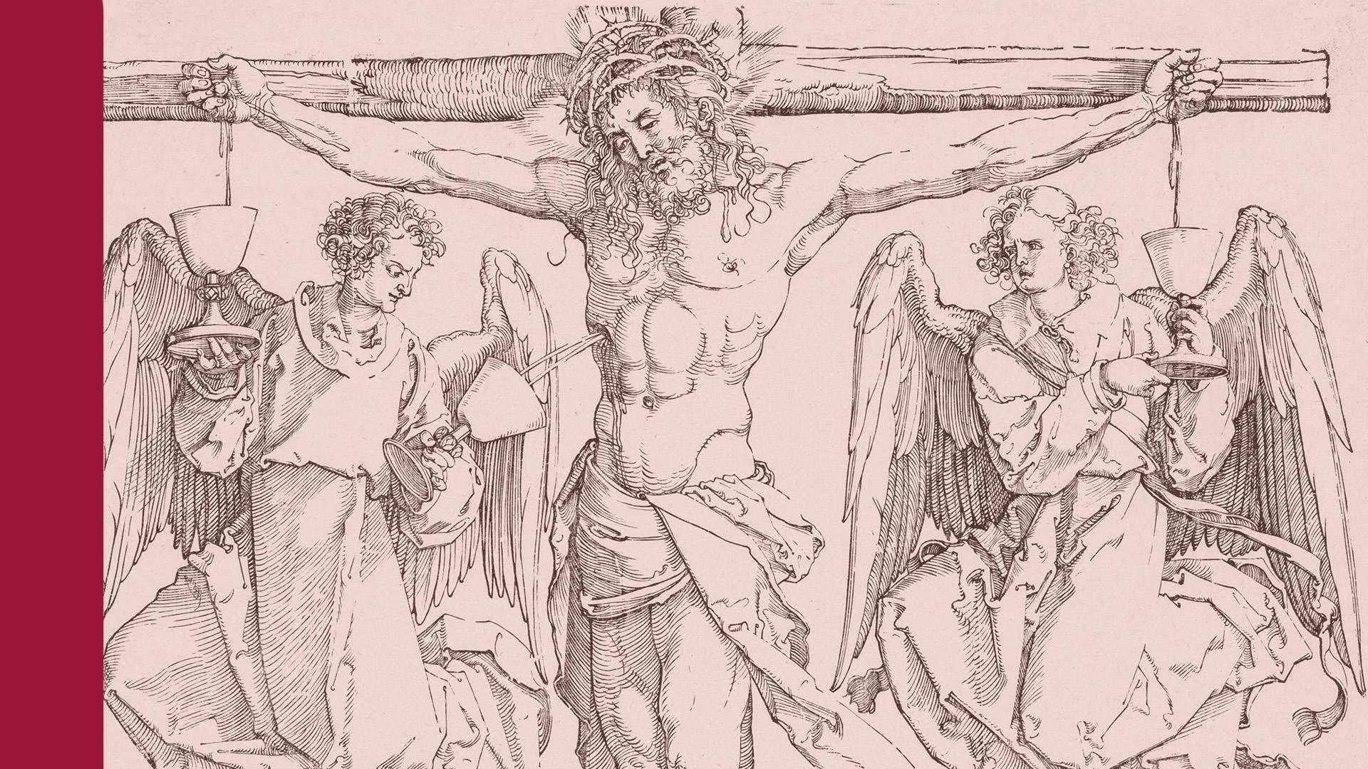 En skissad bild av Jesus på korset med en ängel på varje sida om honom.