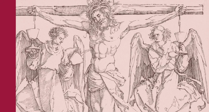 En skissad bild av Jesus på korset med en ängel på varje sida om honom.