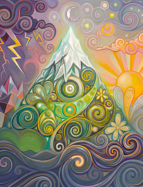 En AI-genererad bild av en alptopp i snirklig stil med virvlande åskmoln till väster och en soluppgång till höger. Vid bergets fot virvlar snirkliga vågor.