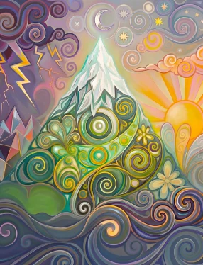 En AI-genererad bild av en alptopp i snirklig stil med virvlande åskmoln till väster och en soluppgång till höger. Vid bergets fot virvlar snirkliga vågor.