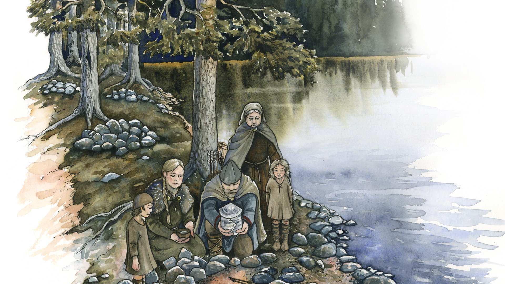 Illustration av en grupp människor i forntida kläder som lägger ner ett föremål på marken