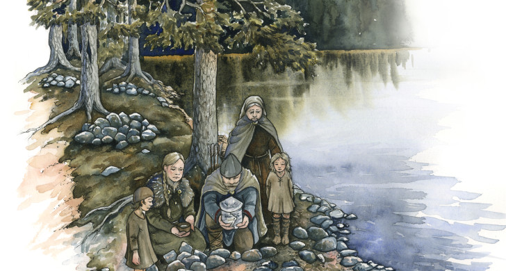 Illustration av en grupp människor i forntida kläder som lägger ner ett föremål på marken