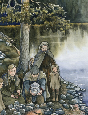 Illustration av en grupp människor i forntida kläder som lägger ner ett föremål på marken