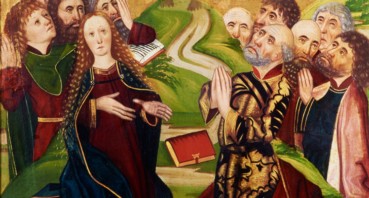 Målning av Maria och apostlarna från medeltida altarskåp.