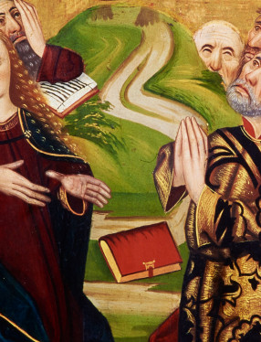 Målning av Maria och apostlarna från medeltida altarskåp.