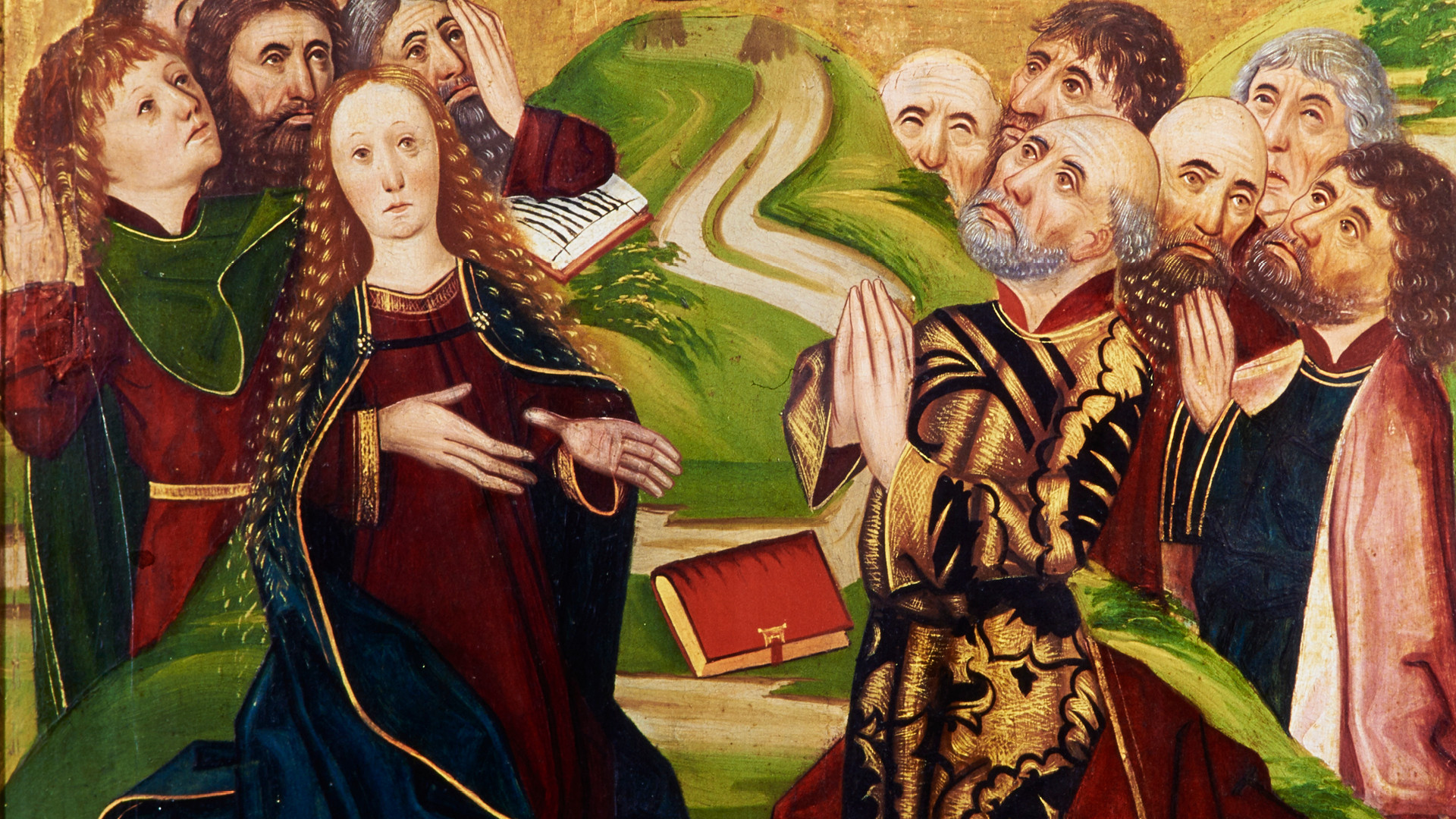 Målning av Maria och apostlarna från medeltida altarskåp.