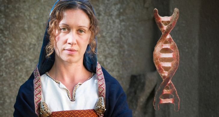 Kvinna i vikingakläder och en DNA-sträng