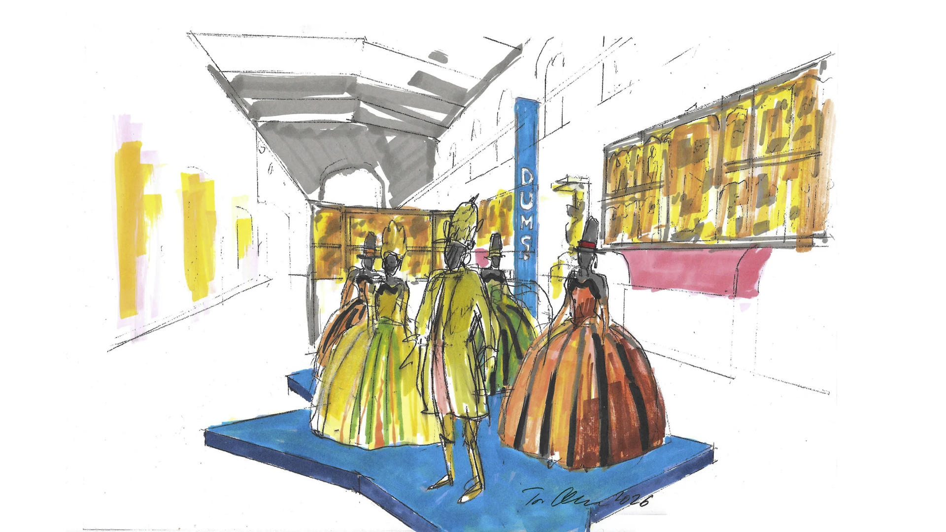 Illustration med kostymer framför altarskåp