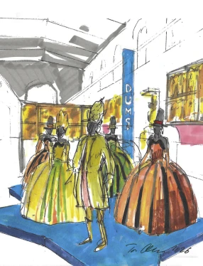 Illustration med kostymer framför altarskåp