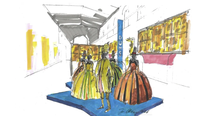 Illustration med kostymer framför altarskåp