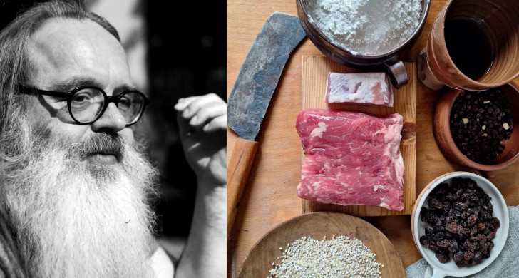 Foto av man och bord med kött, mjöl. russin och sädeslag.