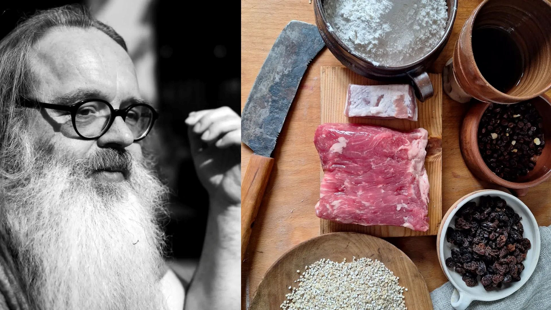 Foto av man och bord med kött, mjöl. russin och sädeslag.