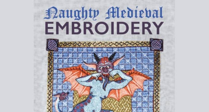 Text: Naughty Medieval Embroidery ovanför en diabolisk medeltida figur