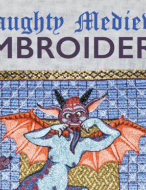 Text: Naughty Medieval Embroidery ovanför en diabolisk medeltida figur