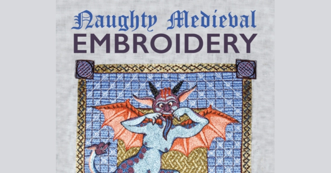 Text: Naughty Medieval Embroidery ovanför en diabolisk medeltida figur