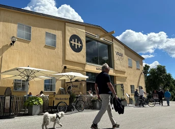 Man med hund promenerar förbi VRAK på sommaren