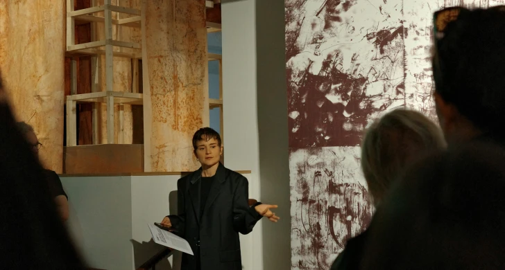 Curator visar en utställning för en stående publik.