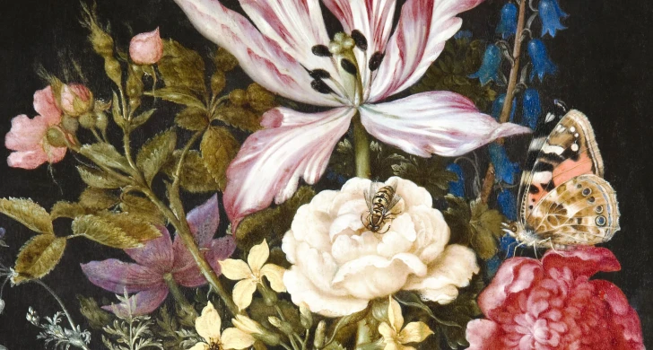 Ambrosius Bosschaert d.ä, Blomsterstycke, 1617. Olja på duk/koppar, 19,5 x 30 cm. Foto: Jens Mohr, Hallwyllska museet.
