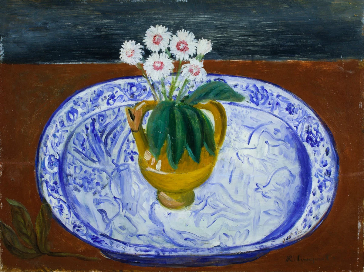 Hilding Linnqvist, Keramik med blommor på blå fajans