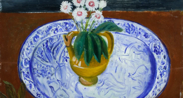 Hilding Linnqvist, Keramik med blommor på blå fajans