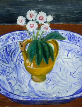 Hilding Linnqvist, Keramik med blommor på blå fajans