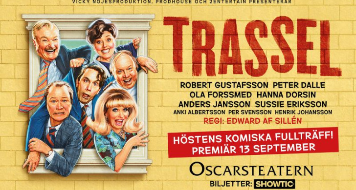 Bild på huvudrollsinnehavarna i komedin Trassel på oscarsteatern